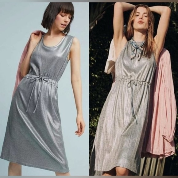 Anthropologie Dolan Metallic Silver Drawstring Ribbed Midi Dress, Size XS - Picture 3 of 10